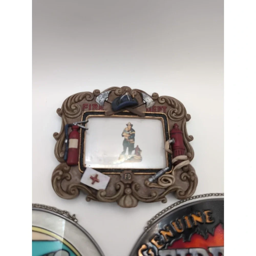Genuine Antique Fireman Picture‎ Frame Stained Glass (Gift For Your Fireman) Lot